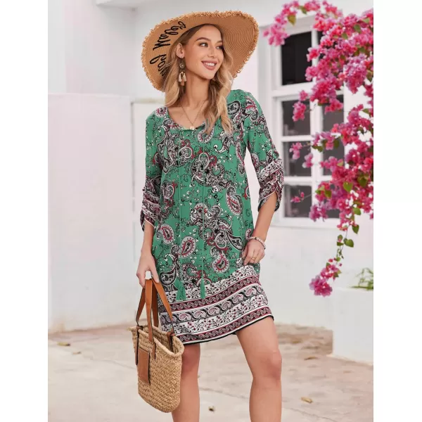 HOTOUCH Women Casual Summer Dress Boho Tassel Tie Neck Cover Up 34 Long Sleeve Short Floral Print Flowy Beach SundressesGreen