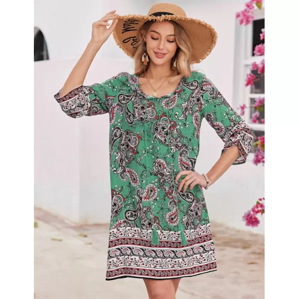 HOTOUCH Women Casual Summer Dress Boho Tassel Tie Neck Cover Up 34 Long Sleeve Short Floral Print Flowy Beach SundressesGreen