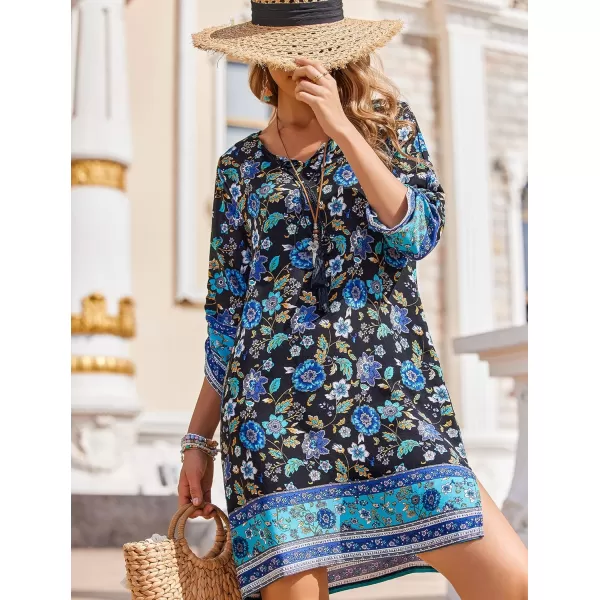 HOTOUCH Women Casual Summer Dress Boho Tassel Tie Neck Cover Up 34 Long Sleeve Short Floral Print Flowy Beach SundressesInky Blue