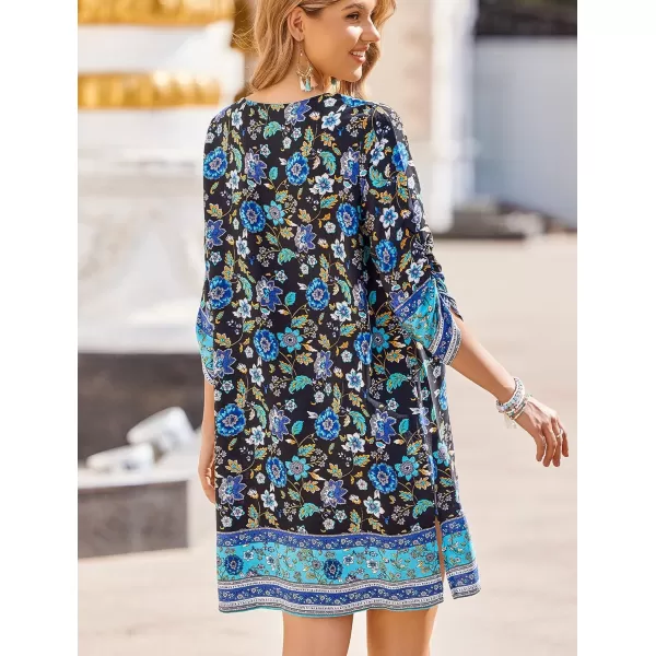 HOTOUCH Women Casual Summer Dress Boho Tassel Tie Neck Cover Up 34 Long Sleeve Short Floral Print Flowy Beach SundressesInky Blue