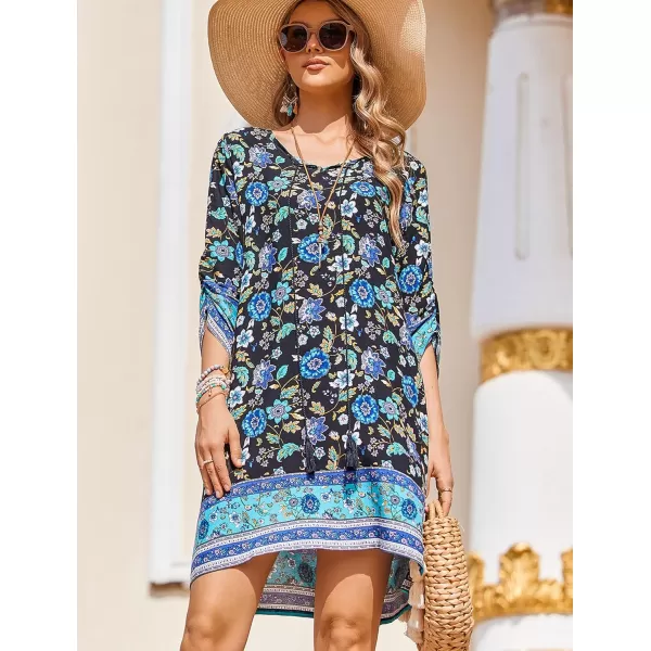 HOTOUCH Women Casual Summer Dress Boho Tassel Tie Neck Cover Up 34 Long Sleeve Short Floral Print Flowy Beach SundressesInky Blue