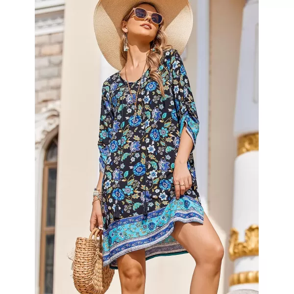 HOTOUCH Women Casual Summer Dress Boho Tassel Tie Neck Cover Up 34 Long Sleeve Short Floral Print Flowy Beach SundressesInky Blue