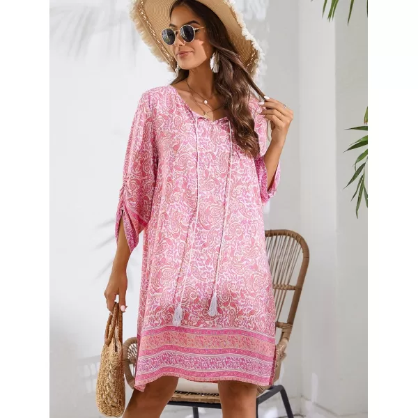 HOTOUCH Women Casual Summer Dress Boho Tassel Tie Neck Cover Up 34 Long Sleeve Short Floral Print Flowy Beach SundressesPink