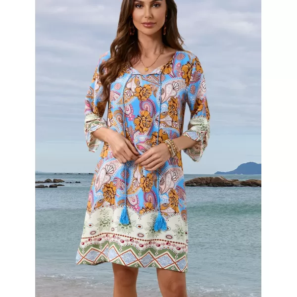 HOTOUCH Women Casual Summer Dress Boho Tassel Tie Neck Cover Up 34 Long Sleeve Short Floral Print Flowy Beach SundressesSky Blue