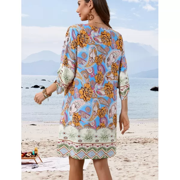 HOTOUCH Women Casual Summer Dress Boho Tassel Tie Neck Cover Up 34 Long Sleeve Short Floral Print Flowy Beach SundressesSky Blue