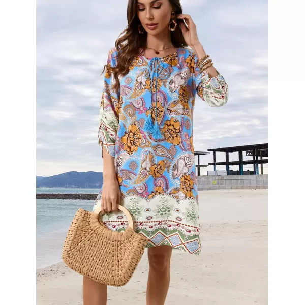 HOTOUCH Women Casual Summer Dress Boho Tassel Tie Neck Cover Up 34 Long Sleeve Short Floral Print Flowy Beach SundressesSky Blue