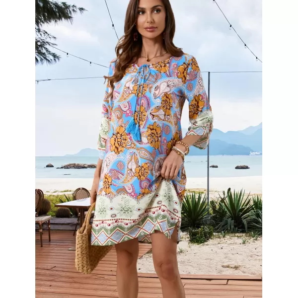 HOTOUCH Women Casual Summer Dress Boho Tassel Tie Neck Cover Up 34 Long Sleeve Short Floral Print Flowy Beach SundressesSky Blue