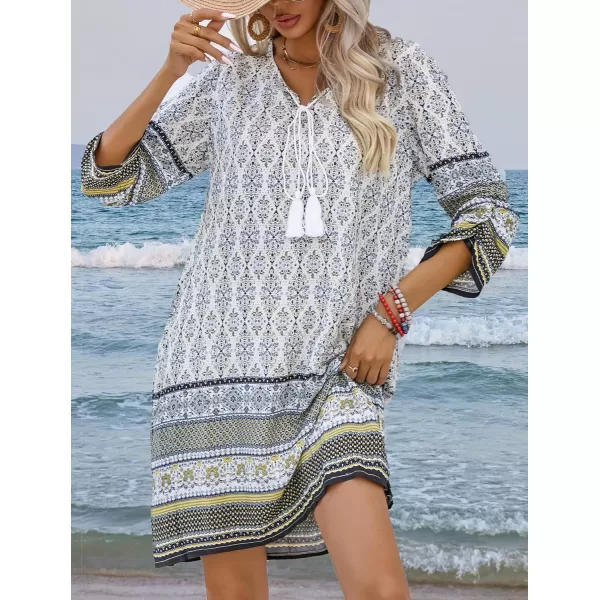 HOTOUCH Women Casual Summer Dress Boho Tassel Tie Neck Cover Up 34 Long Sleeve Short Floral Print Flowy Beach SundressesWhite