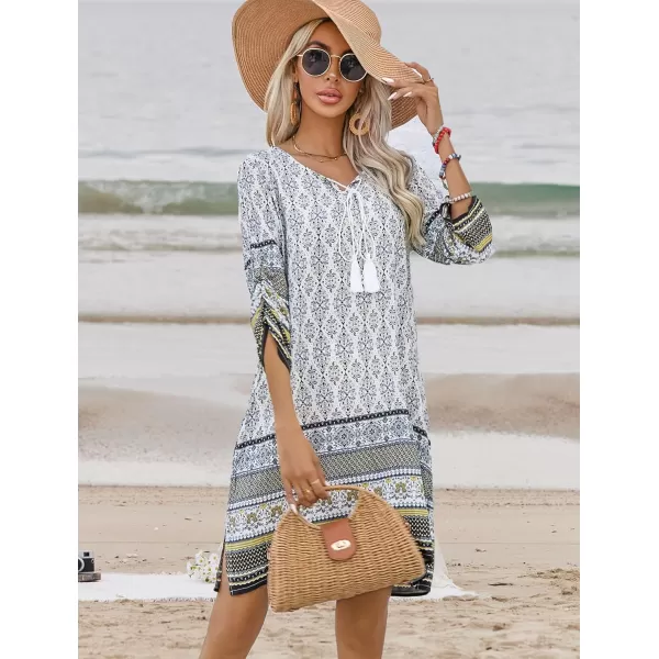 HOTOUCH Women Casual Summer Dress Boho Tassel Tie Neck Cover Up 34 Long Sleeve Short Floral Print Flowy Beach SundressesWhite