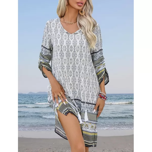 HOTOUCH Women Casual Summer Dress Boho Tassel Tie Neck Cover Up 34 Long Sleeve Short Floral Print Flowy Beach SundressesWhite