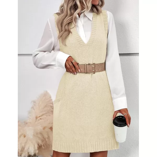 HOTOUCH Women Sweater Vest Oversized V Neck Sleeveless Knit Pullover Ribbed Vest Dress with PocketsBeige