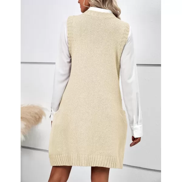 HOTOUCH Women Sweater Vest Oversized V Neck Sleeveless Knit Pullover Ribbed Vest Dress with PocketsBeige