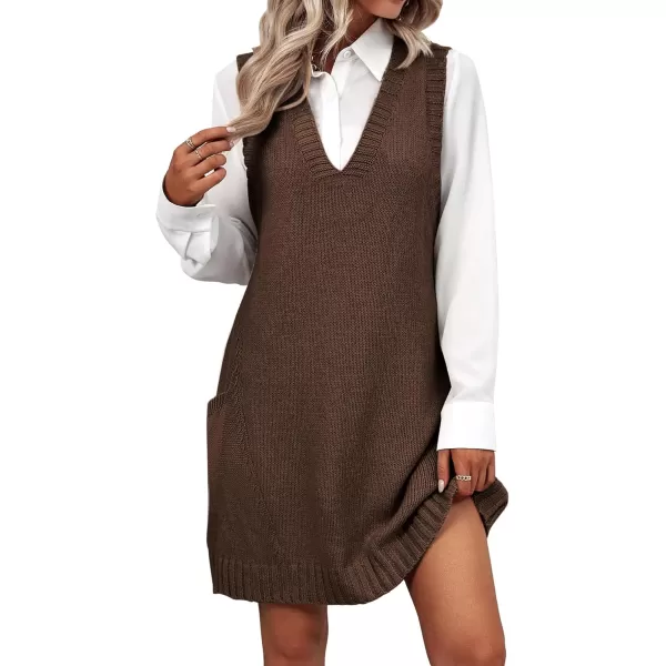 HOTOUCH Women Sweater Vest Oversized V Neck Sleeveless Knit Pullover Ribbed Vest Dress with PocketsBrown