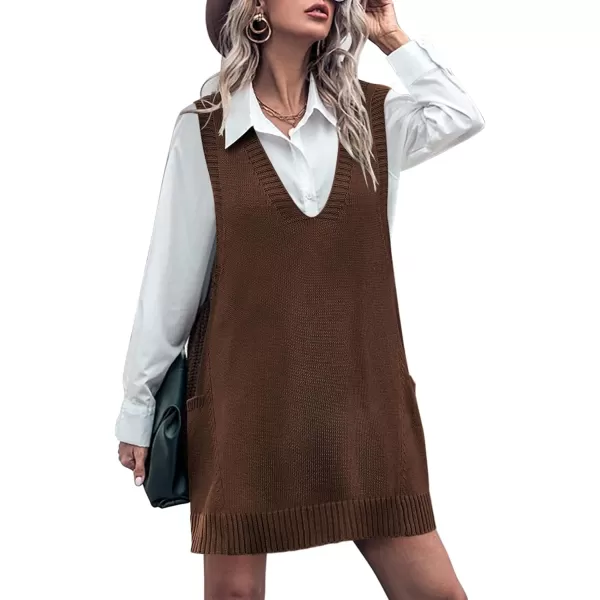 HOTOUCH Women Sweater Vest Oversized V Neck Sleeveless Knit Pullover Ribbed Vest Dress with PocketsBrown