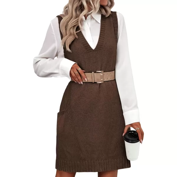 HOTOUCH Women Sweater Vest Oversized V Neck Sleeveless Knit Pullover Ribbed Vest Dress with PocketsBrown