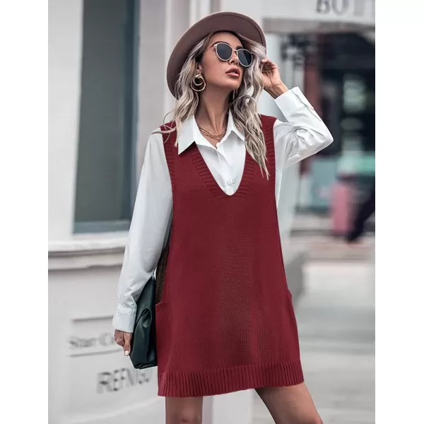 HOTOUCH Women Sweater Vest Oversized V Neck Sleeveless Knit Pullover Ribbed Vest Dress with PocketsBurgundy