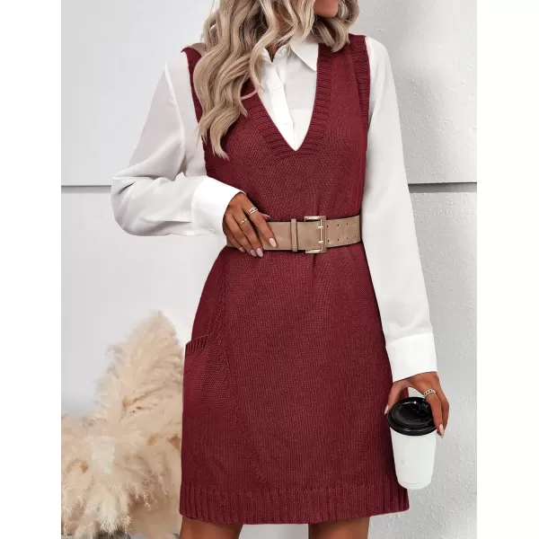 HOTOUCH Women Sweater Vest Oversized V Neck Sleeveless Knit Pullover Ribbed Vest Dress with PocketsBurgundy