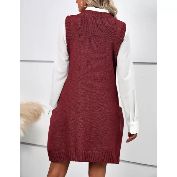 HOTOUCH Women Sweater Vest Oversized V Neck Sleeveless Knit Pullover Ribbed Vest Dress with PocketsBurgundy