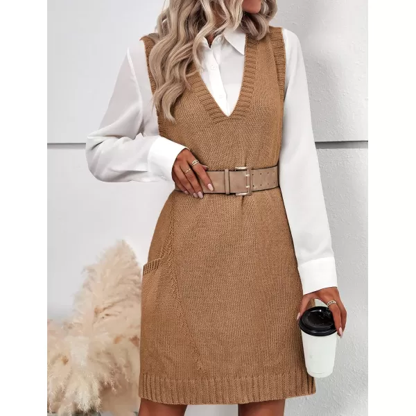 HOTOUCH Women Sweater Vest Oversized V Neck Sleeveless Knit Pullover Ribbed Vest Dress with PocketsCamel