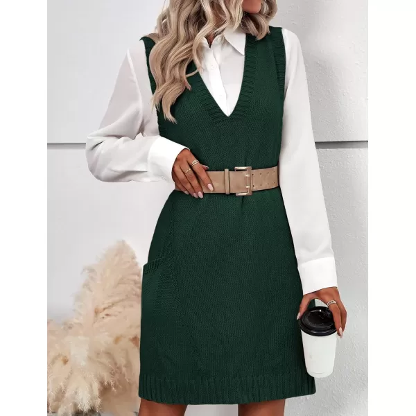 HOTOUCH Women Sweater Vest Oversized V Neck Sleeveless Knit Pullover Ribbed Vest Dress with PocketsDark Green