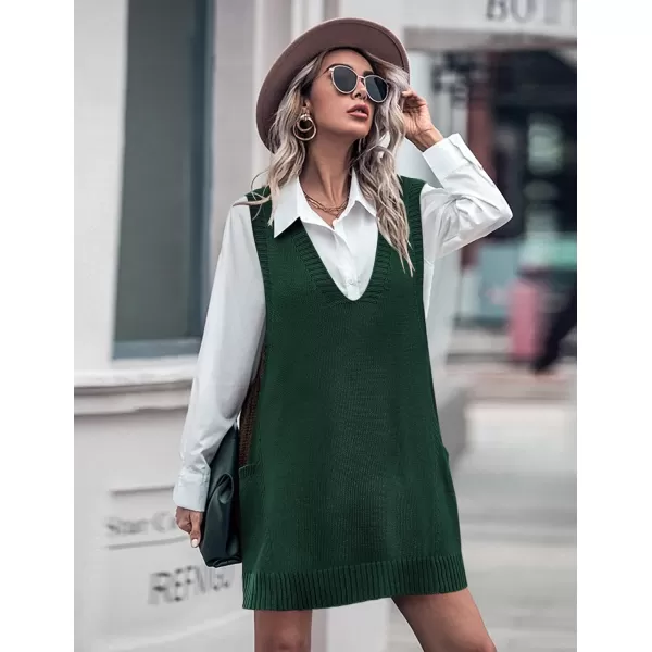 HOTOUCH Women Sweater Vest Oversized V Neck Sleeveless Knit Pullover Ribbed Vest Dress with PocketsDark Green