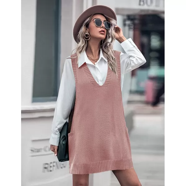 HOTOUCH Women Sweater Vest Oversized V Neck Sleeveless Knit Pullover Ribbed Vest Dress with PocketsDeep Pink