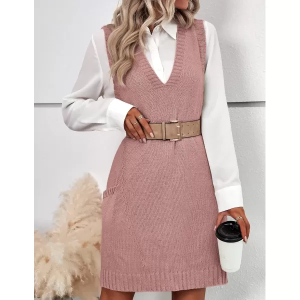 HOTOUCH Women Sweater Vest Oversized V Neck Sleeveless Knit Pullover Ribbed Vest Dress with PocketsDeep Pink