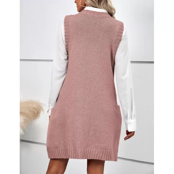 HOTOUCH Women Sweater Vest Oversized V Neck Sleeveless Knit Pullover Ribbed Vest Dress with PocketsDeep Pink