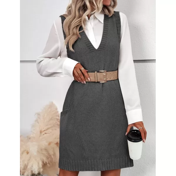 HOTOUCH Women Sweater Vest Oversized V Neck Sleeveless Knit Pullover Ribbed Vest Dress with PocketsGray