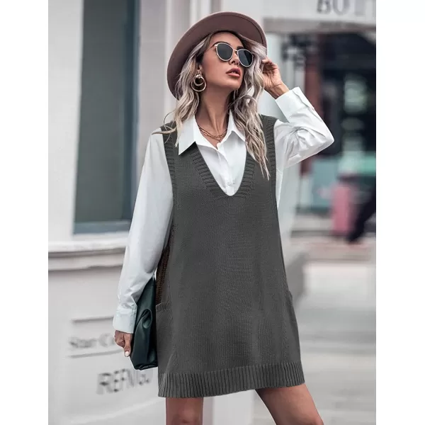 HOTOUCH Women Sweater Vest Oversized V Neck Sleeveless Knit Pullover Ribbed Vest Dress with PocketsGray