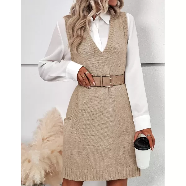 HOTOUCH Women Sweater Vest Oversized V Neck Sleeveless Knit Pullover Ribbed Vest Dress with PocketsKhaki