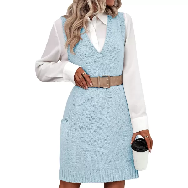 HOTOUCH Women Sweater Vest Oversized V Neck Sleeveless Knit Pullover Ribbed Vest Dress with PocketsLight Blue