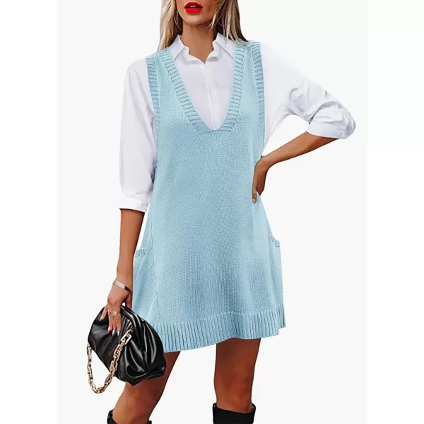 HOTOUCH Women Sweater Vest Oversized V Neck Sleeveless Knit Pullover Ribbed Vest Dress with PocketsLight Blue