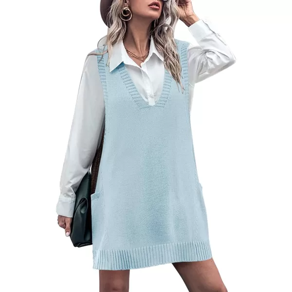 HOTOUCH Women Sweater Vest Oversized V Neck Sleeveless Knit Pullover Ribbed Vest Dress with PocketsLight Blue