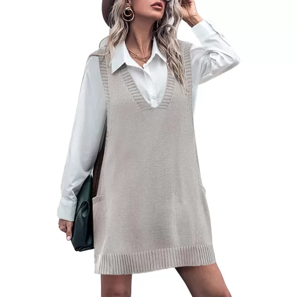 HOTOUCH Women Sweater Vest Oversized V Neck Sleeveless Knit Pullover Ribbed Vest Dress with PocketsLight Grey