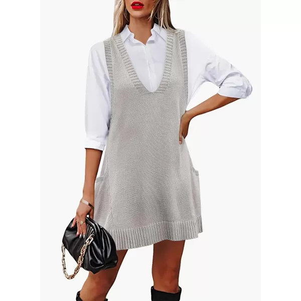 HOTOUCH Women Sweater Vest Oversized V Neck Sleeveless Knit Pullover Ribbed Vest Dress with PocketsLight Grey