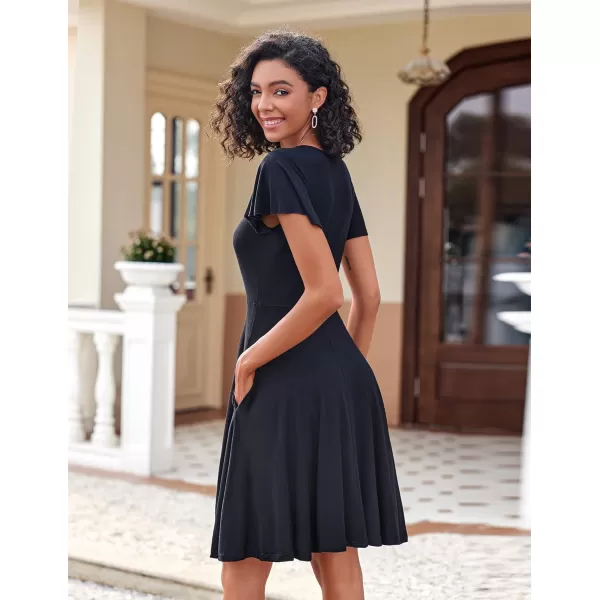 HOTOUCH Womens Casual Dress Floral Summer Dress Ruffle Sleeve Crewneck Flowy Swing Mini Dresses with PocketsBlack