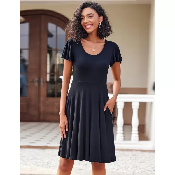 HOTOUCH Womens Casual Dress Floral Summer Dress Ruffle Sleeve Crewneck Flowy Swing Mini Dresses with PocketsBlack