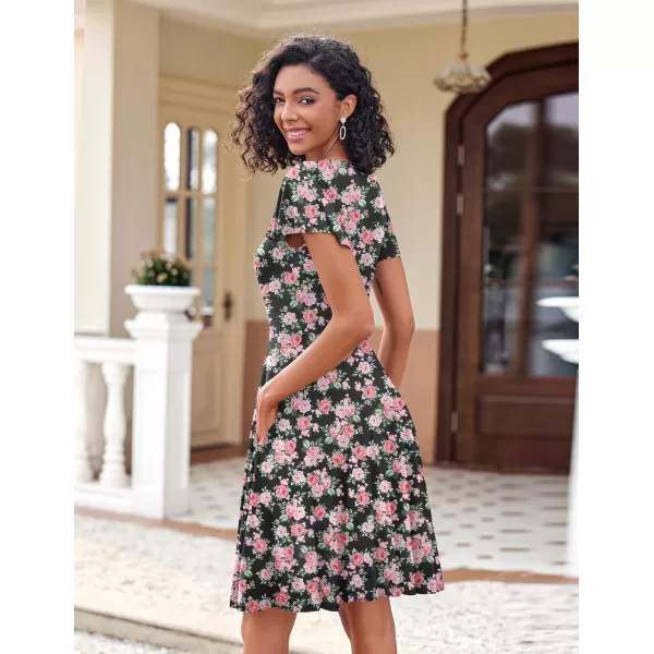 HOTOUCH Womens Casual Dress Floral Summer Dress Ruffle Sleeve Crewneck Flowy Swing Mini Dresses with PocketsBlackpink Floral