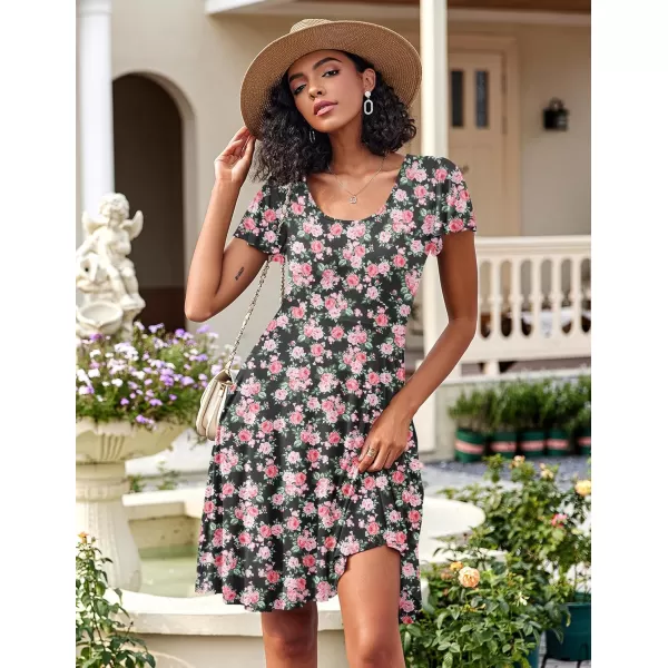 HOTOUCH Womens Casual Dress Floral Summer Dress Ruffle Sleeve Crewneck Flowy Swing Mini Dresses with PocketsBlackpink Floral