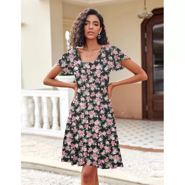 HOTOUCH Womens Casual Dress Floral Summer Dress Ruffle Sleeve Crewneck Flowy Swing Mini Dresses with PocketsBlackpink Floral