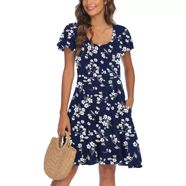 HOTOUCH Womens Casual Dress Floral Summer Dress Ruffle Sleeve Crewneck Flowy Swing Mini Dresses with PocketsNavy Blue