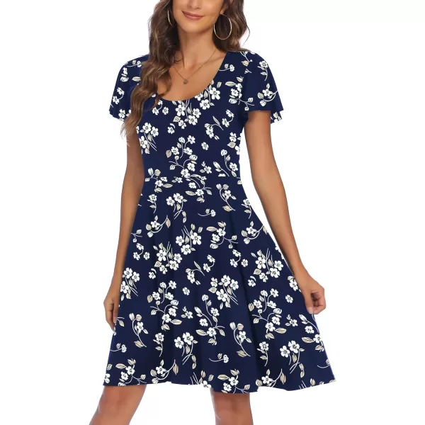 HOTOUCH Womens Casual Dress Floral Summer Dress Ruffle Sleeve Crewneck Flowy Swing Mini Dresses with PocketsNavy Blue