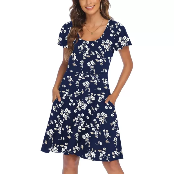 HOTOUCH Womens Casual Dress Floral Summer Dress Ruffle Sleeve Crewneck Flowy Swing Mini Dresses with PocketsNavy Blue