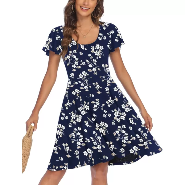 HOTOUCH Womens Casual Dress Floral Summer Dress Ruffle Sleeve Crewneck Flowy Swing Mini Dresses with PocketsNavy Blue