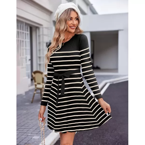 HOTOUCH Womens Fall Winter Casual Dress Crewneck Long Sleeve ALine Sweater Dress Bodycon Ribbed Knit Dress with BeltBlack and Khaki