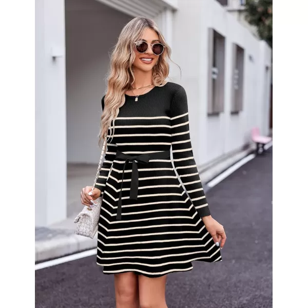 HOTOUCH Womens Fall Winter Casual Dress Crewneck Long Sleeve ALine Sweater Dress Bodycon Ribbed Knit Dress with BeltBlack and Khaki