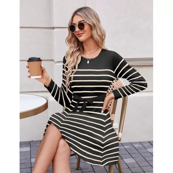 HOTOUCH Womens Fall Winter Casual Dress Crewneck Long Sleeve ALine Sweater Dress Bodycon Ribbed Knit Dress with BeltBlack and Khaki