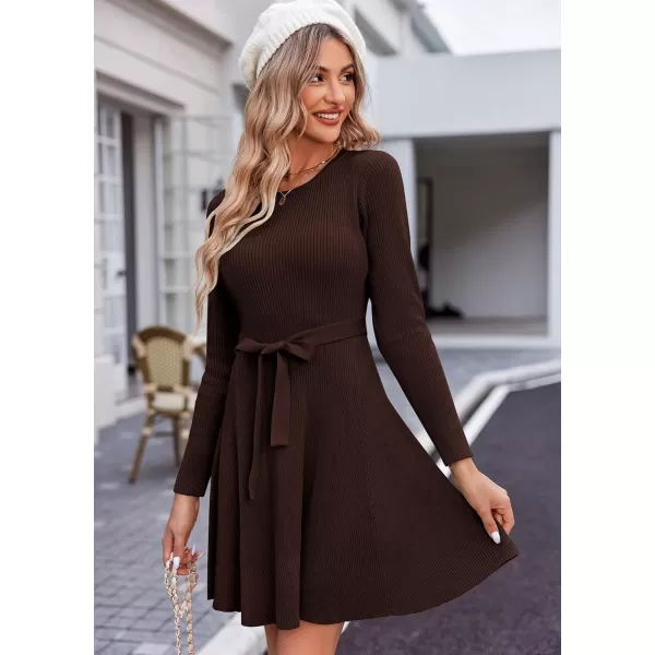 HOTOUCH Womens Fall Winter Casual Dress Crewneck Long Sleeve ALine Sweater Dress Bodycon Ribbed Knit Dress with BeltBrown