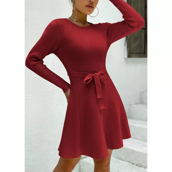 HOTOUCH Womens Fall Winter Casual Dress Crewneck Long Sleeve ALine Sweater Dress Bodycon Ribbed Knit Dress with BeltDark Red